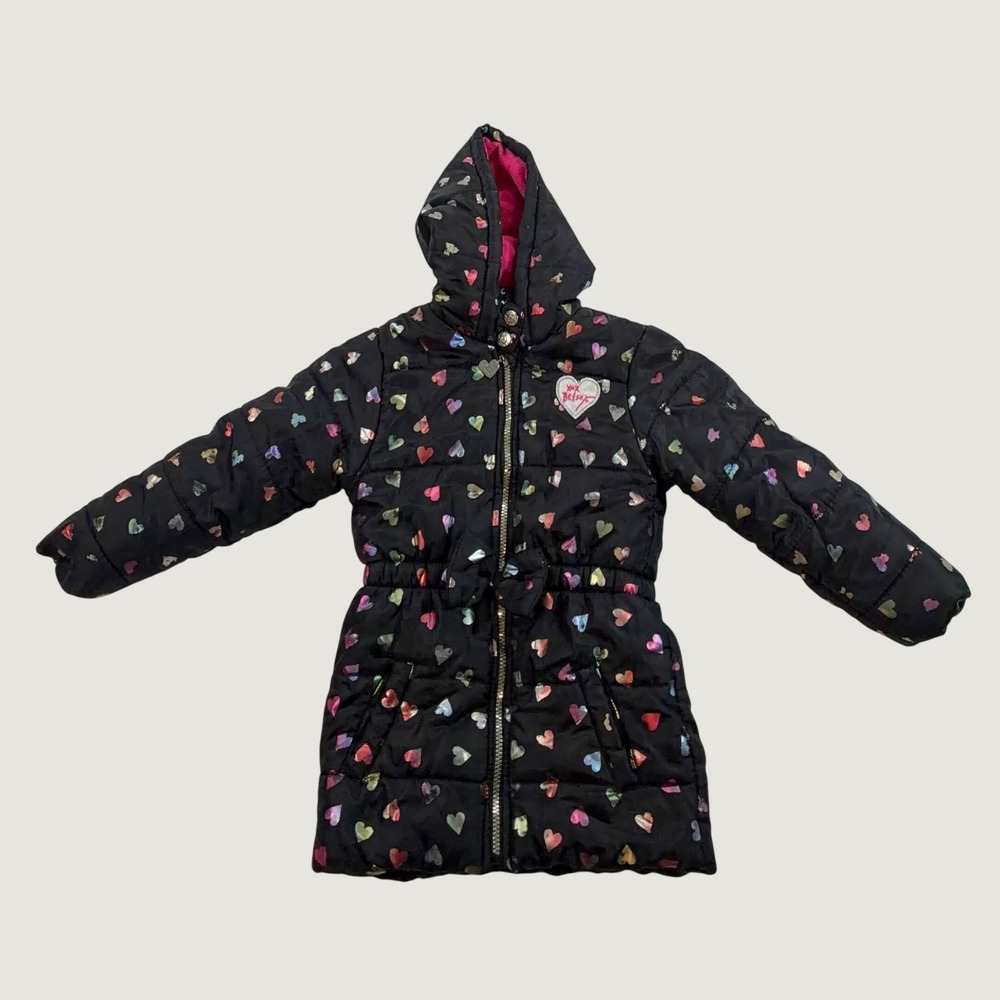 Betsey Johnson Kids Foil Heart Puffer Jacket Size 6 Black Hooded Coat C6